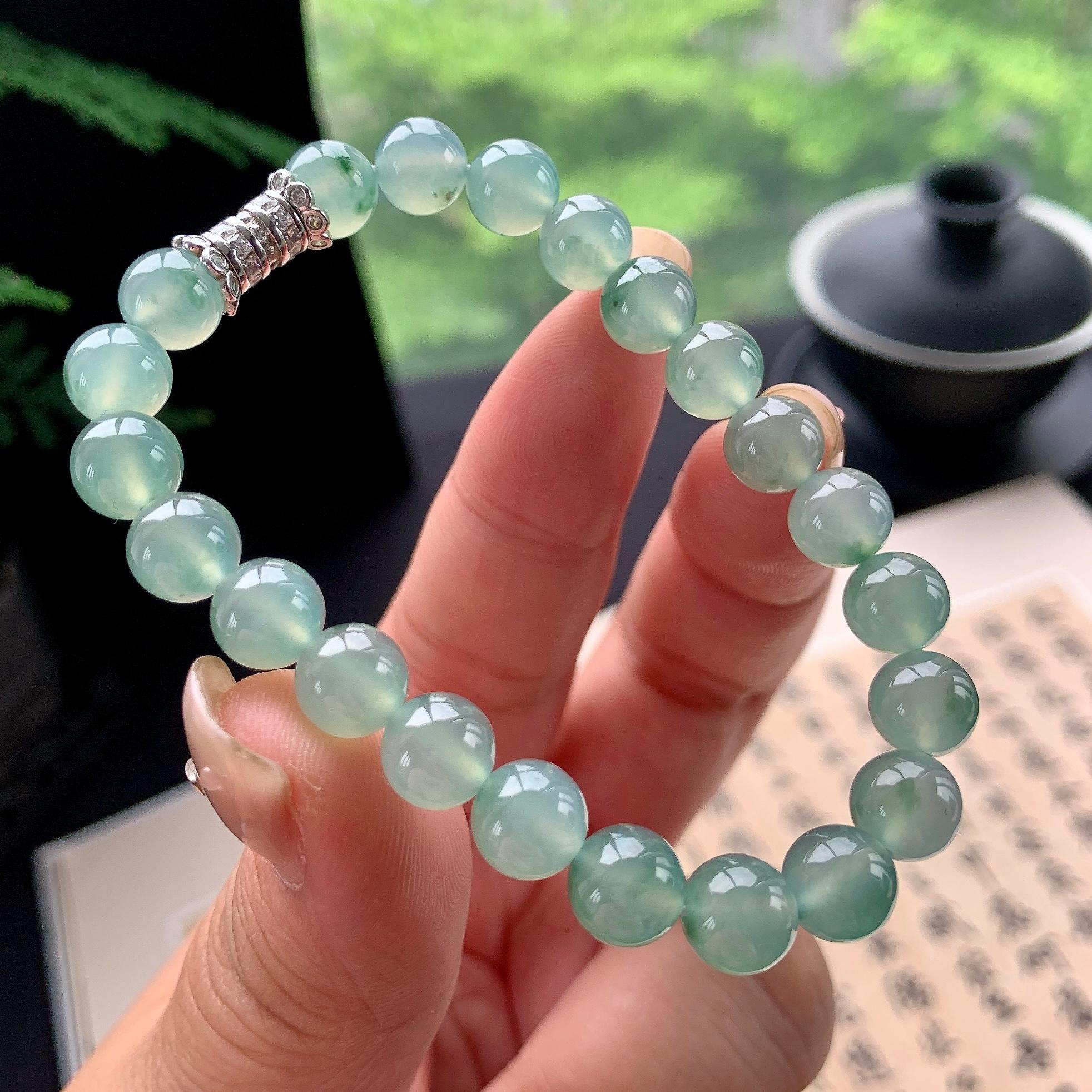 糯冰种晴底飘花手串 天然缅甸A货翡翠（yc473096）