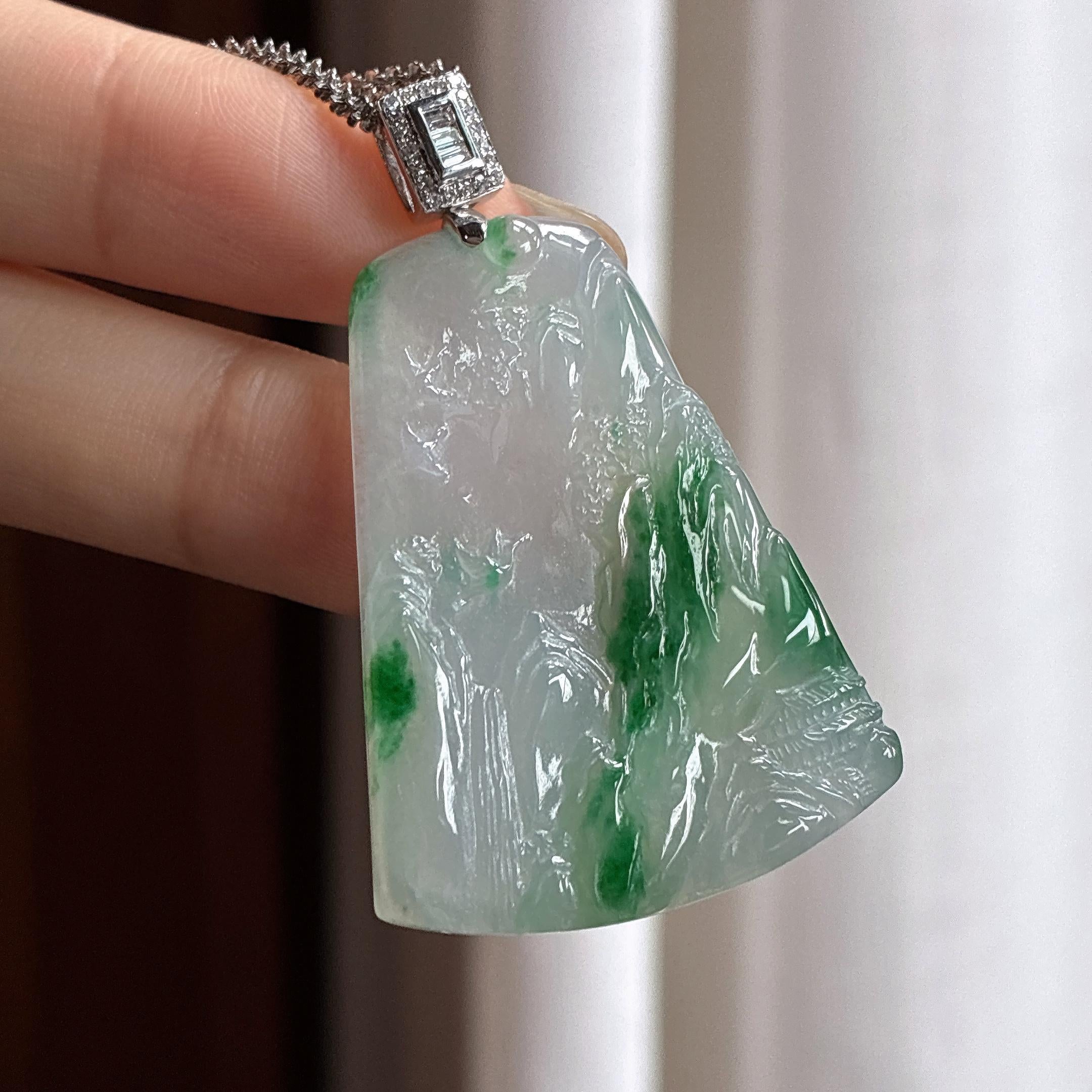 18k金扣头糯冰飘花山水牌挂件 天然缅甸A货翡翠（yc465970）