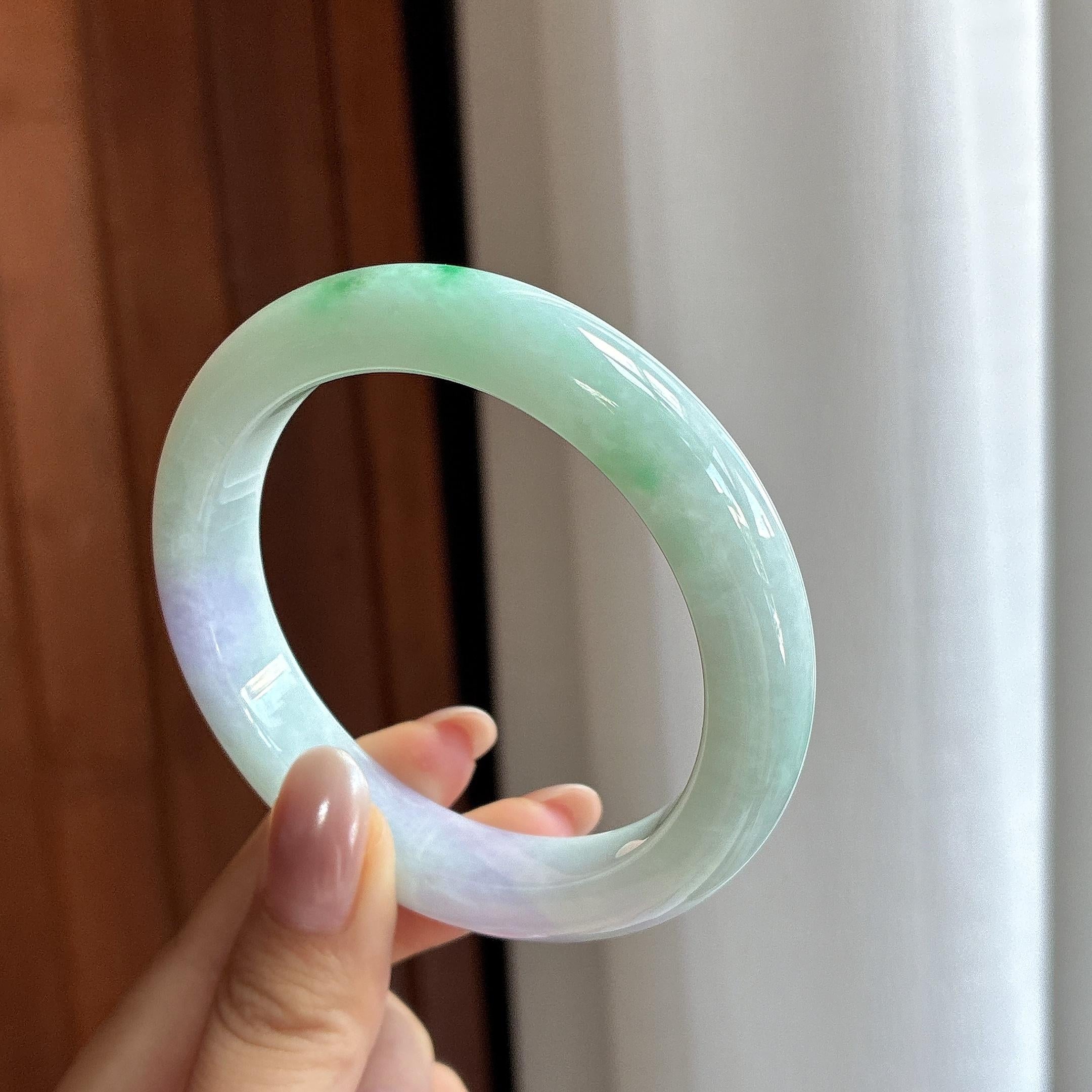 糯冰春带彩正圈平安镯 58圈 天然缅甸A货翡翠（yc698890）