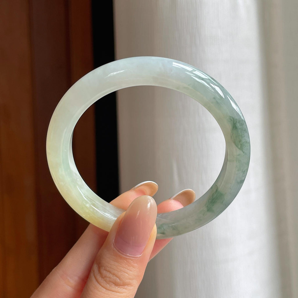 糯冰黄翡飘花特色翡翠平安镯（54mm)（yc416015）