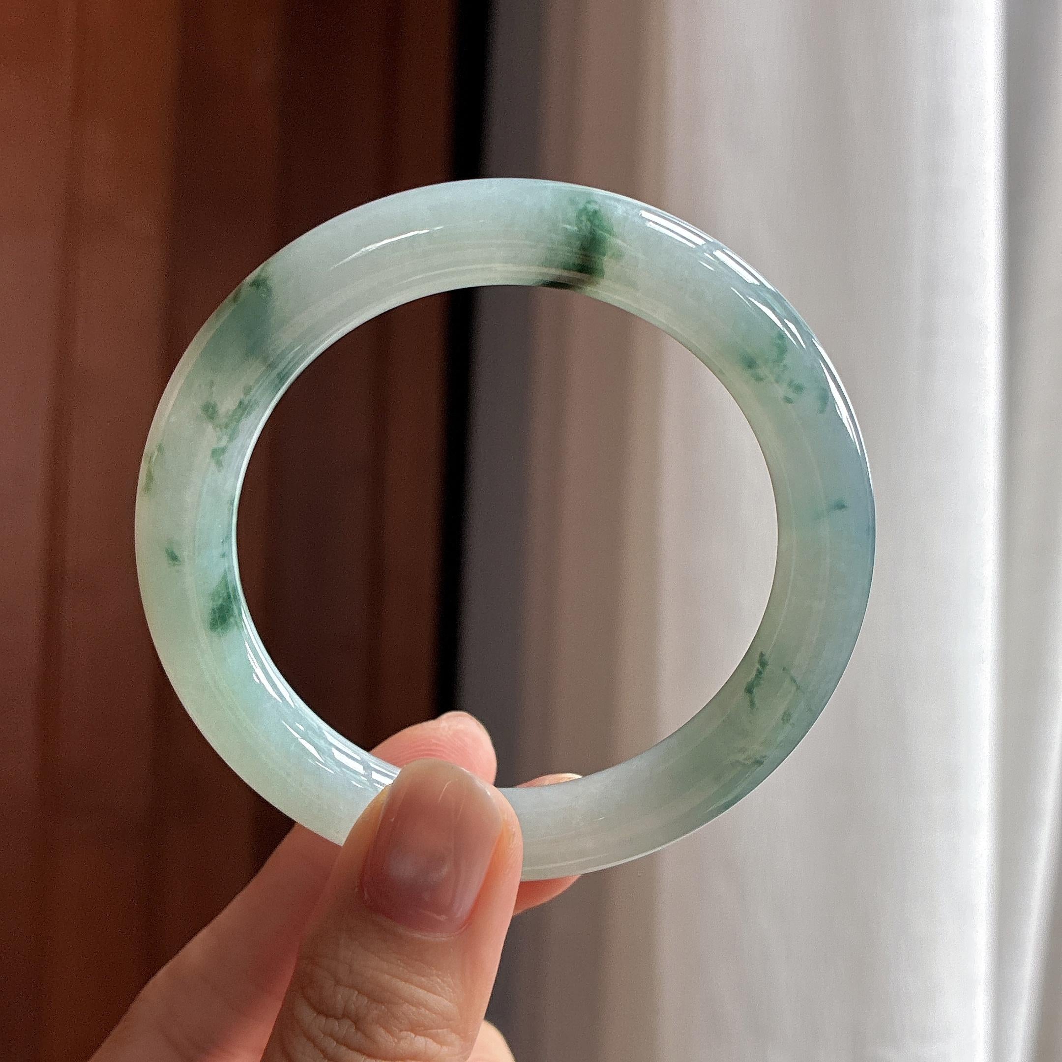 糯冰飘花圆条手镯 54圈 天然缅甸A货翡翠（yc483615）