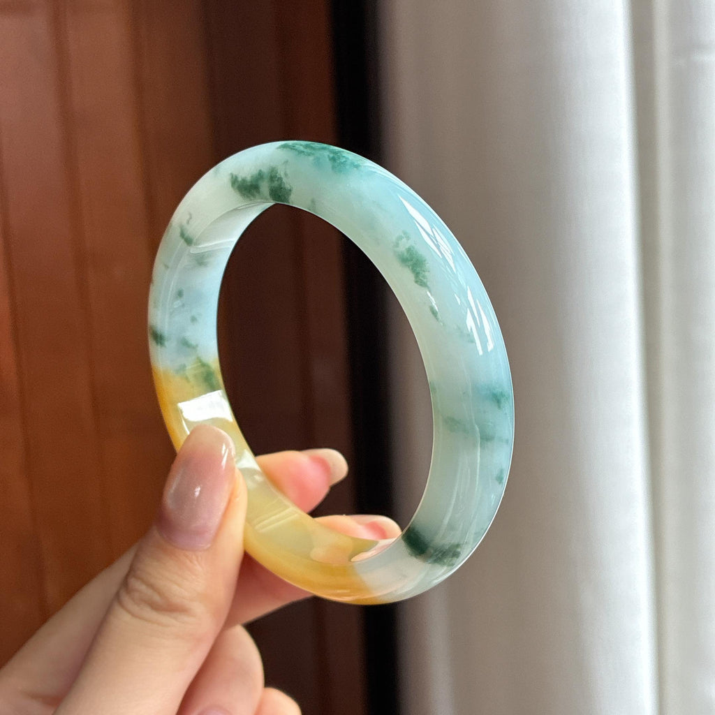 Vòng tay ngọc phỉ thúy vàng băng tuyết nếp có hoa văn đặc sắc, vòng tròn bình an 56, ngọc phỉ thúy tự nhiên hạng A Myanmar (yc450482)