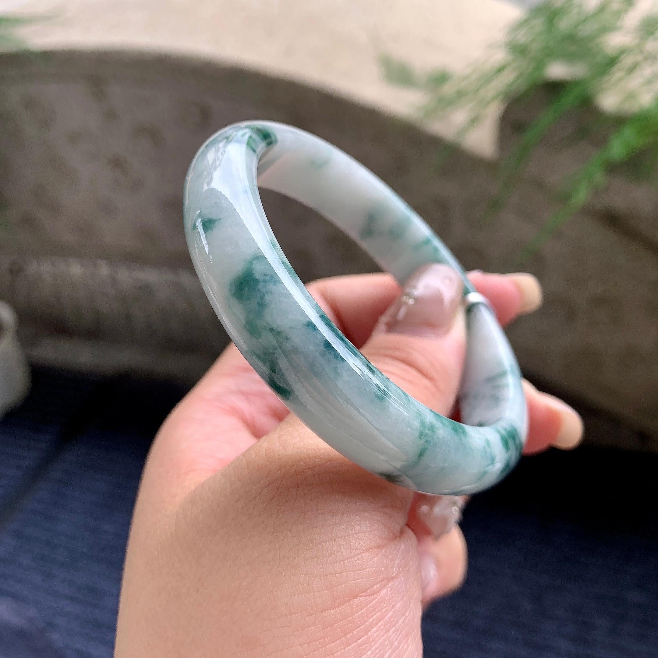 细糯种飘蓝花正圈平安镯 58圈口 天然缅甸A货翡翠（yc464071）