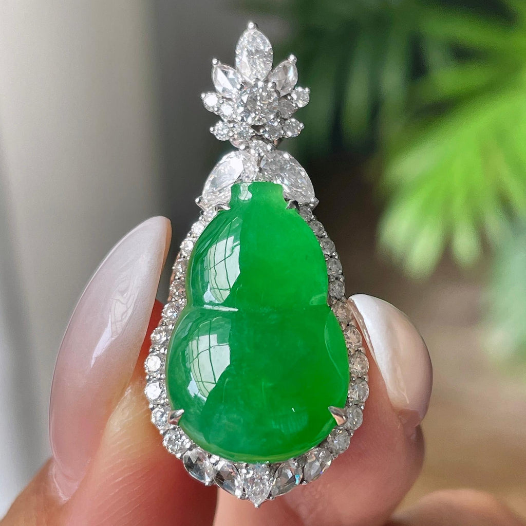 18k金钻镶糯冰种满绿葫芦吊坠       天然缅甸A货翡翠（yc414007）