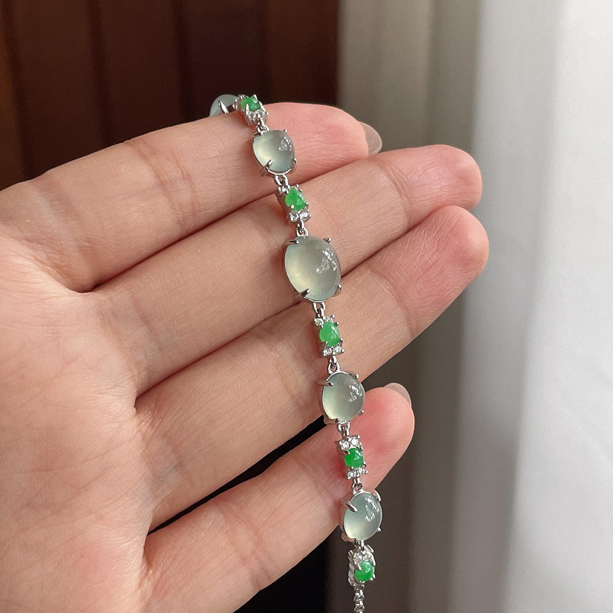 S925银镶冰种晴底蛋面手链 天然缅甸A货翡翠（yc503864）