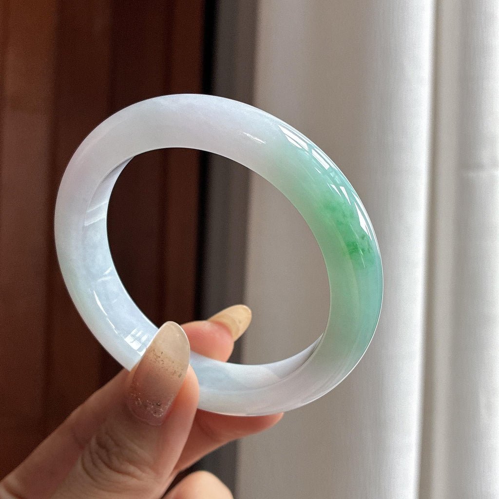 糯冰春底飘绿花正圈平安镯 56圈 天然缅甸A货翡翠（yc502368）