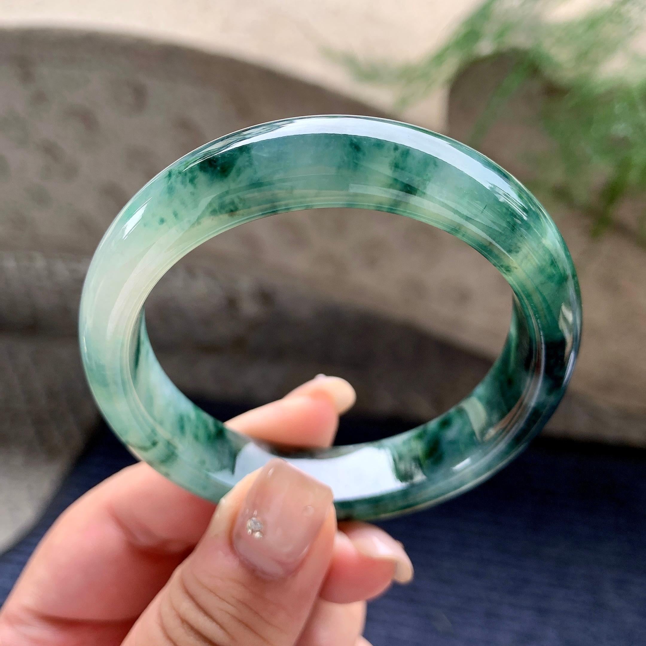细糯种飘蓝花正圈平安镯 54圈口 天然缅甸A货翡翠（yc467979）