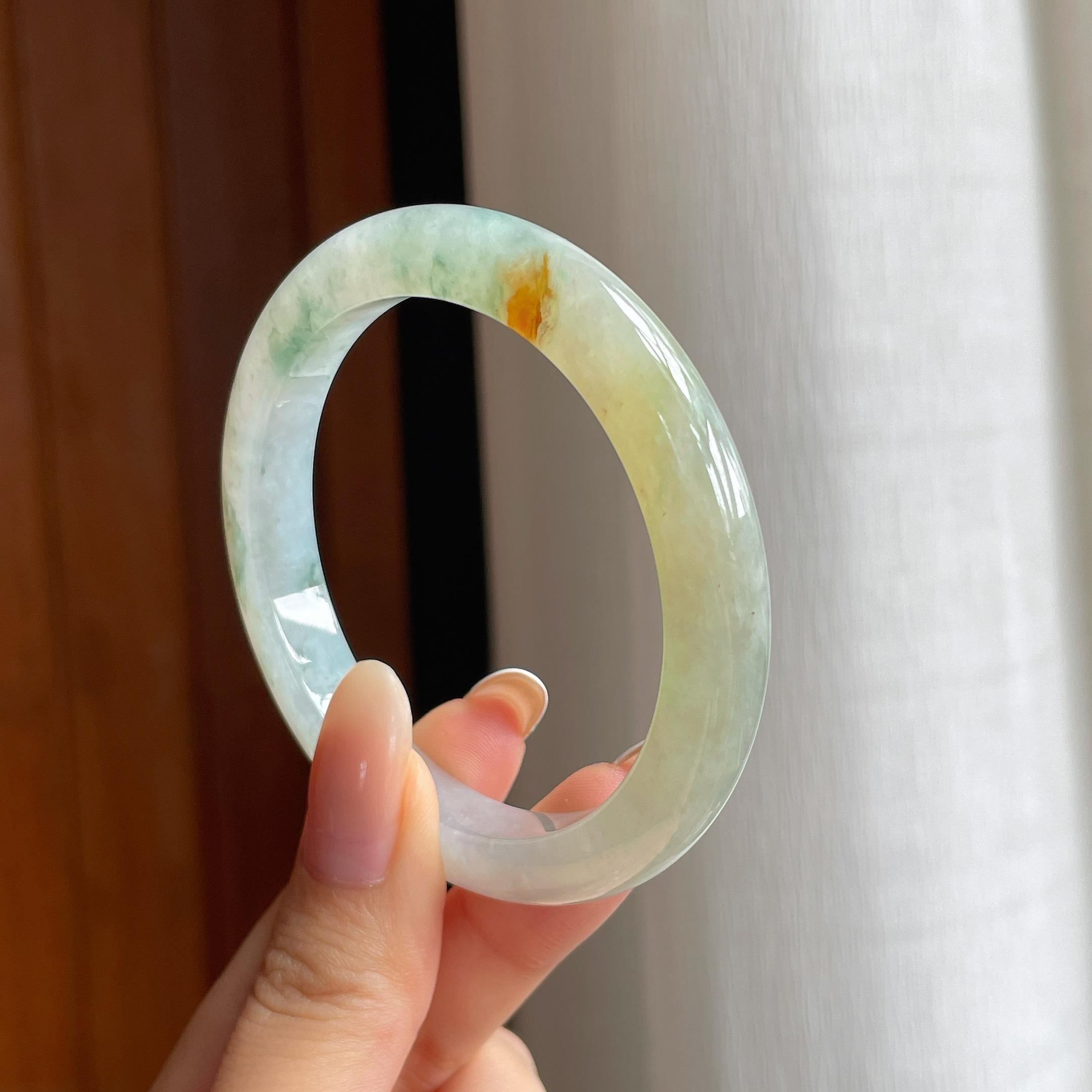 糯冰黄翡飘花特色翡翠平安镯（54mm)（yc416015）
