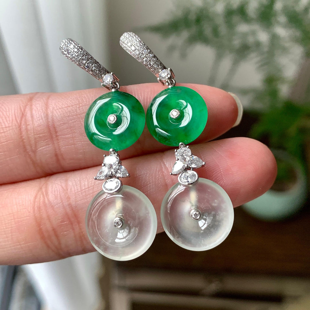 18K金钻镶糯冰种满绿平安扣耳坠（yc253819）