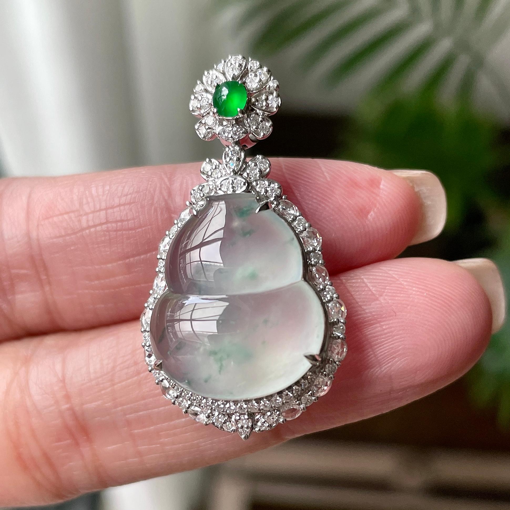 18K金钻镶冰种飘绿花葫芦吊坠 天然缅甸A货翡翠（yc349992）