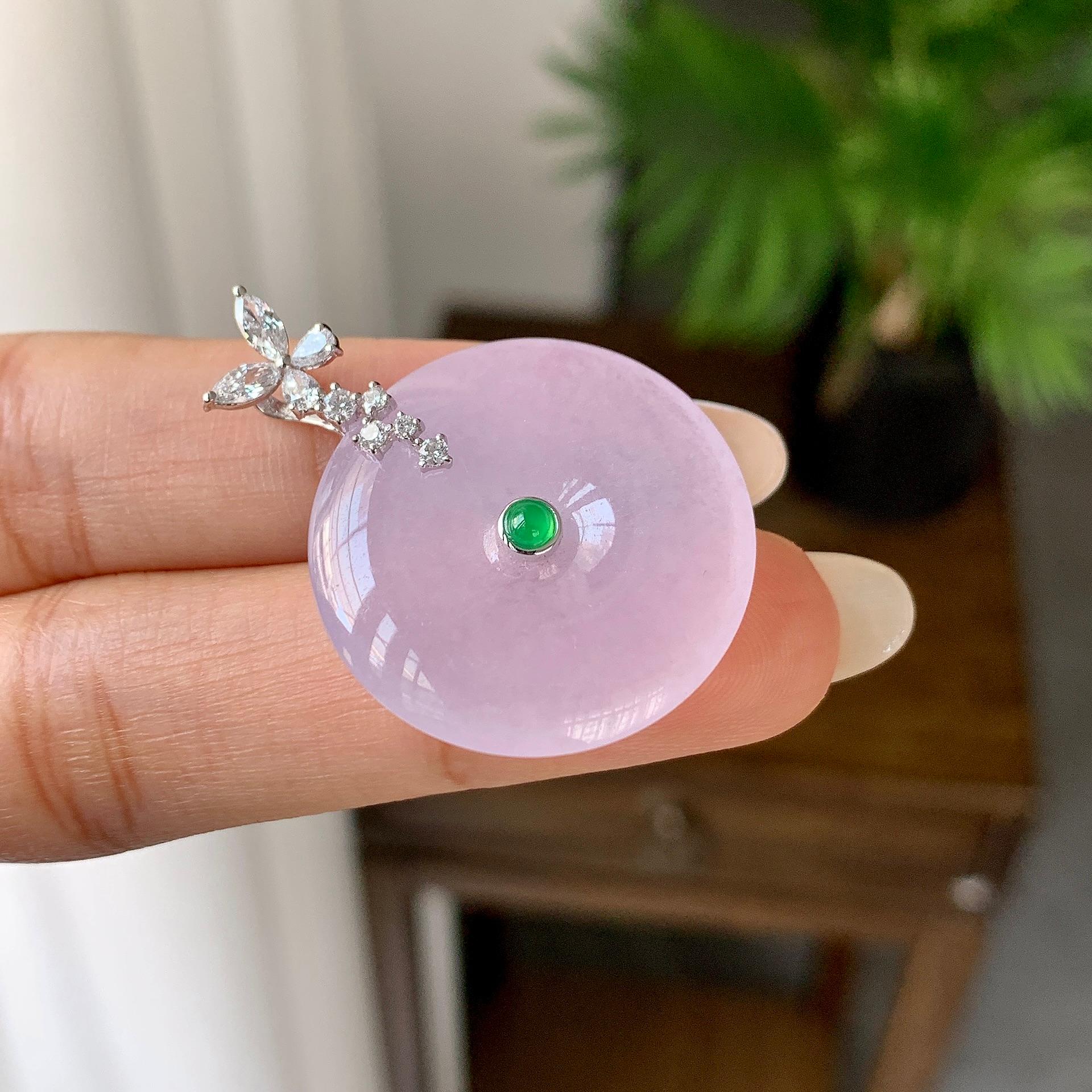 18K金钻镶糯冰种淡粉底平安扣吊坠（yc248216）