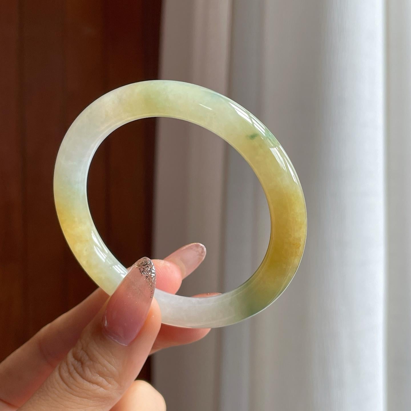 糯冰黄翡飘花翡翠圆条手镯（52.5mm）（yc361781）