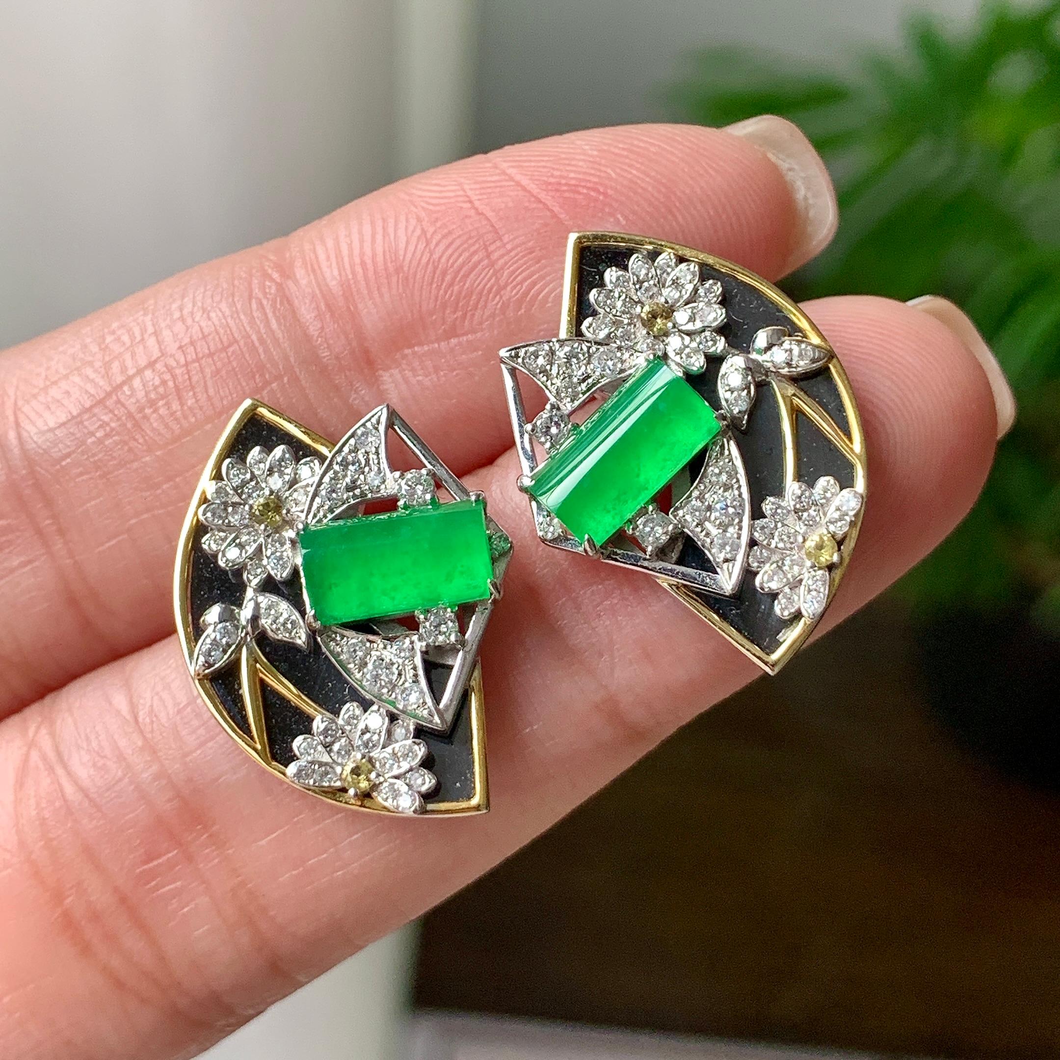 18K金钻镶糯冰种满绿随型耳钉  天然缅甸A货翡翠（yc362081）