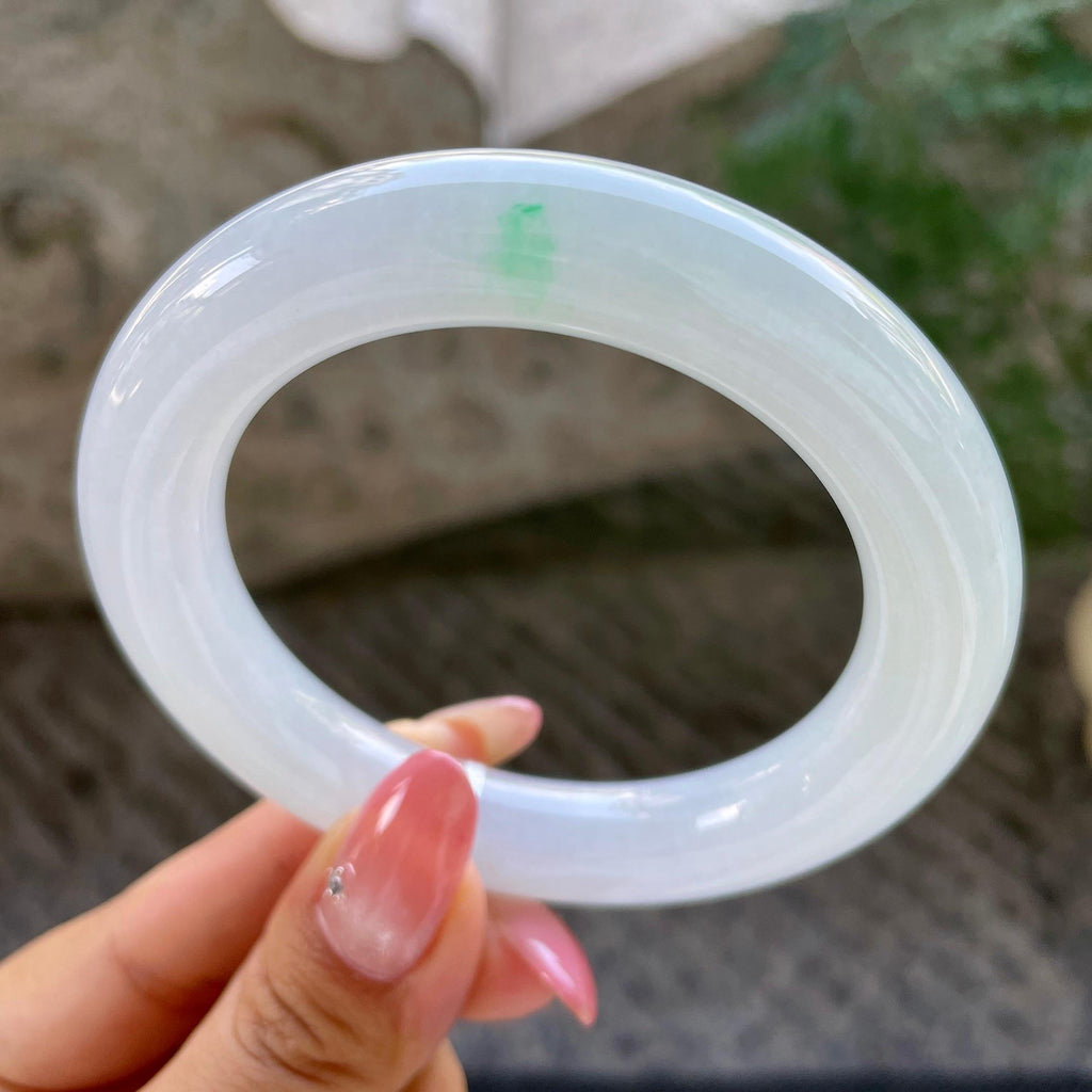 胖圆条      糯冰种飘翠绿圆条手镯56.5圈      天然缅甸A货翡翠（yc431597）