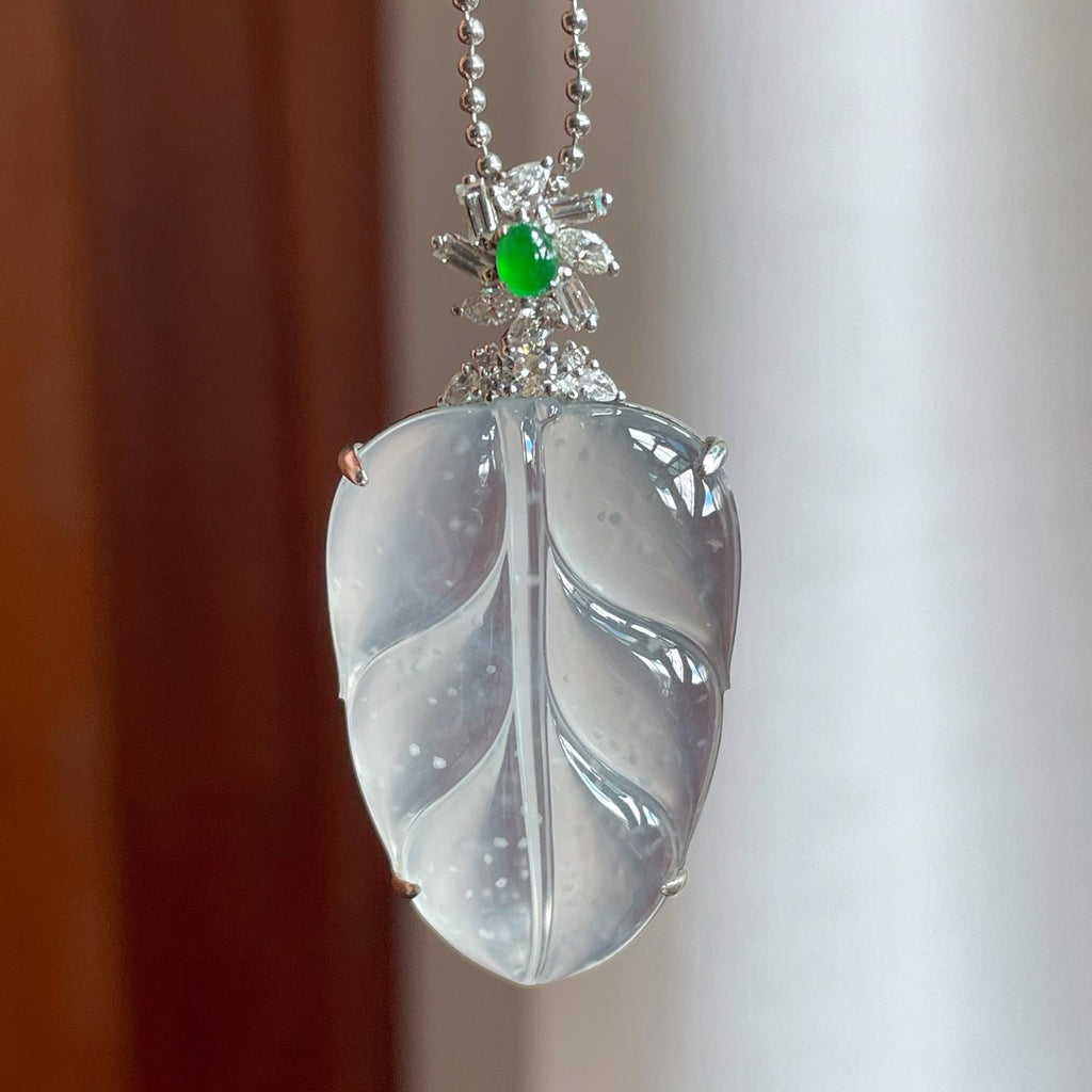 18k金镶冰玻种无色雪花棉翡翠叶子（yc250571）