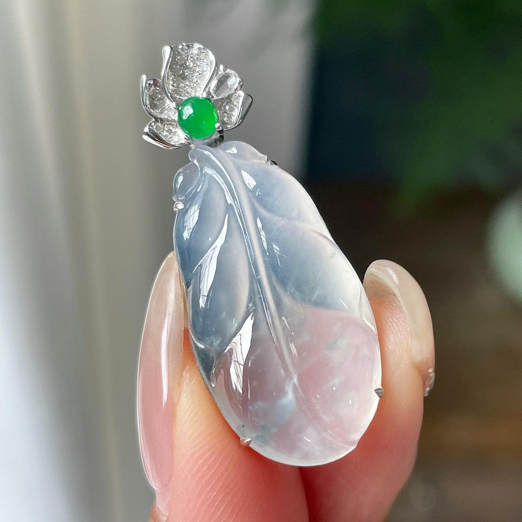 18k金钻镶冰种飘蓝花叶子吊坠   天然缅甸A货翡翠（yc346442）