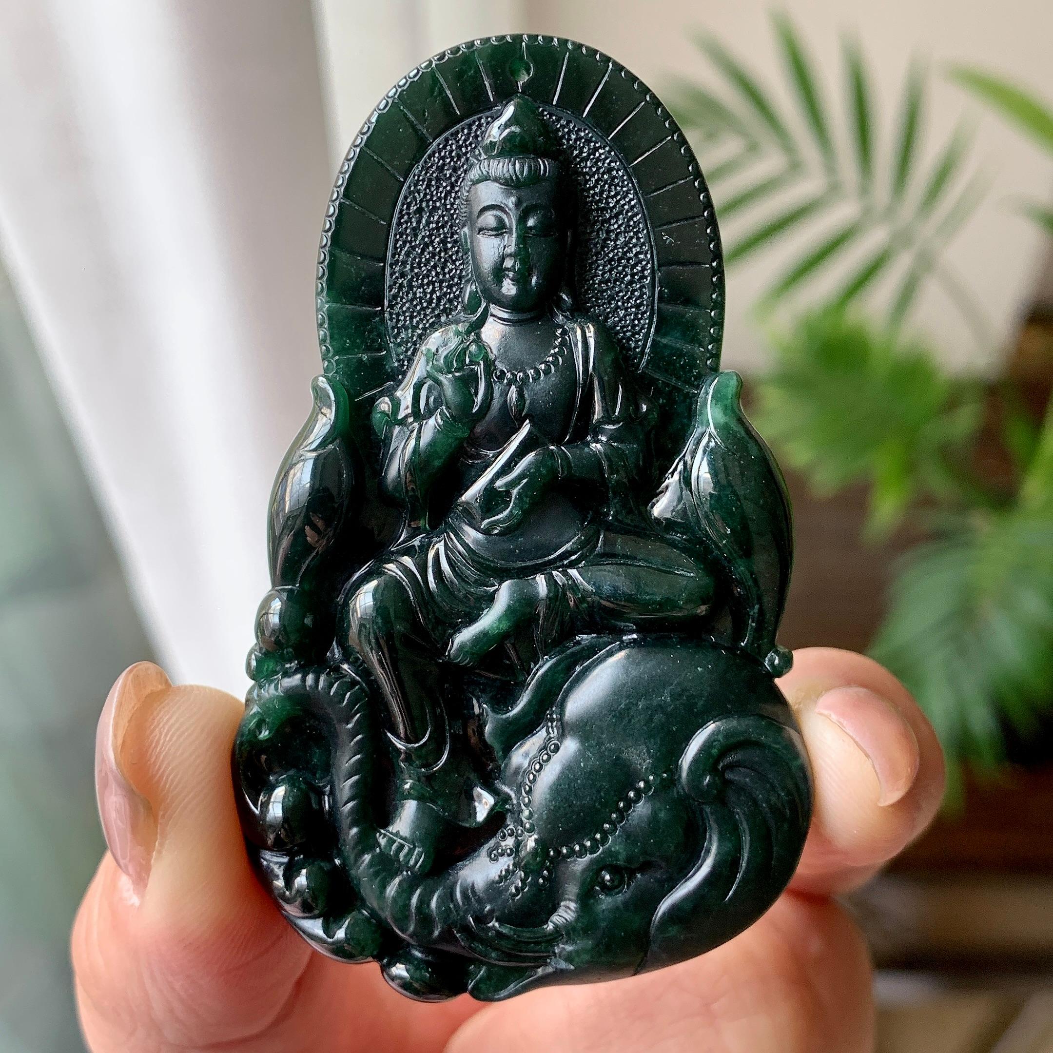 细糯种墨翠普贤菩萨挂件 天然缅甸A货翡翠（yc351361）
