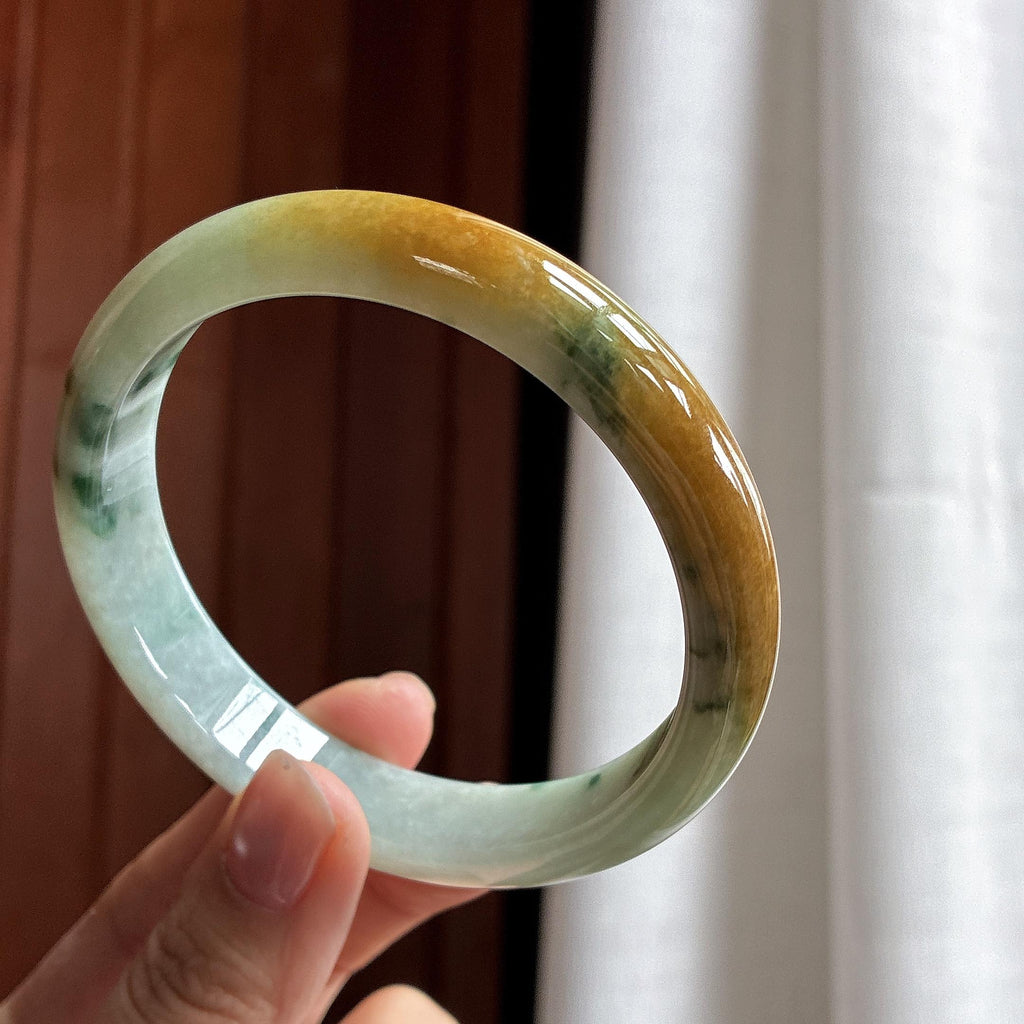 细糯种黄翡特色飘花正圈平安镯 63圈 天然缅甸A货翡翠（yc482224）