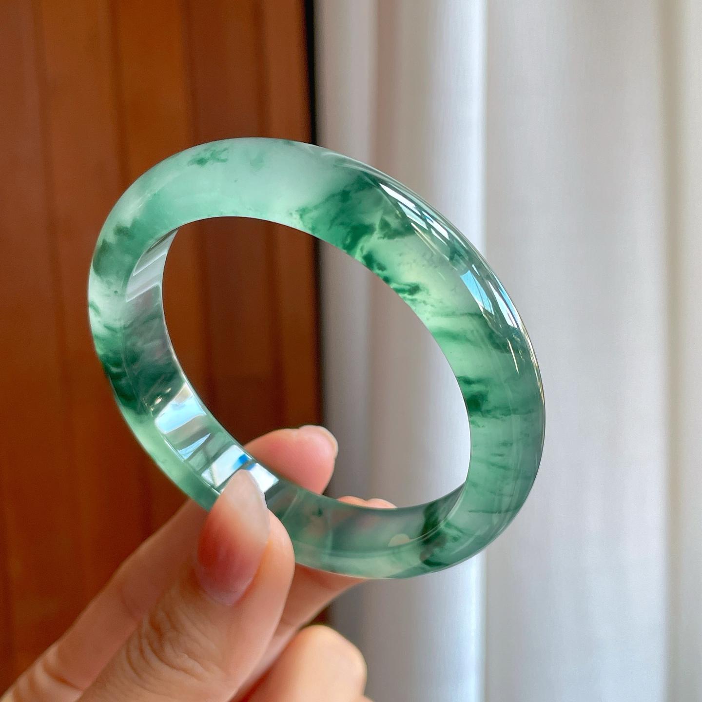 冰玻种飘花翡翠平安镯（56mm）（yc318593）