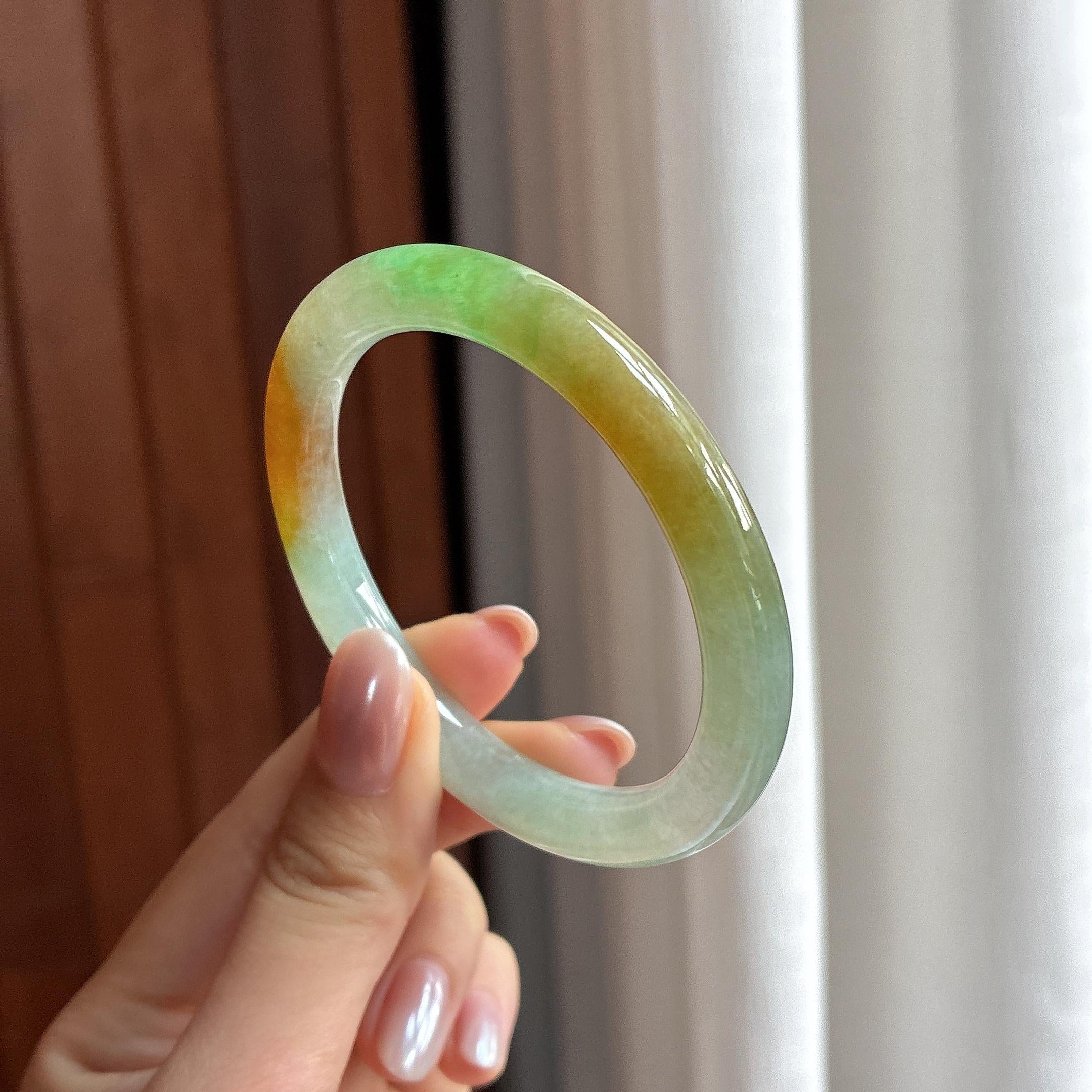 糯冰黄加绿圆条手镯 53圈 天然缅甸A货翡翠（yc507366）