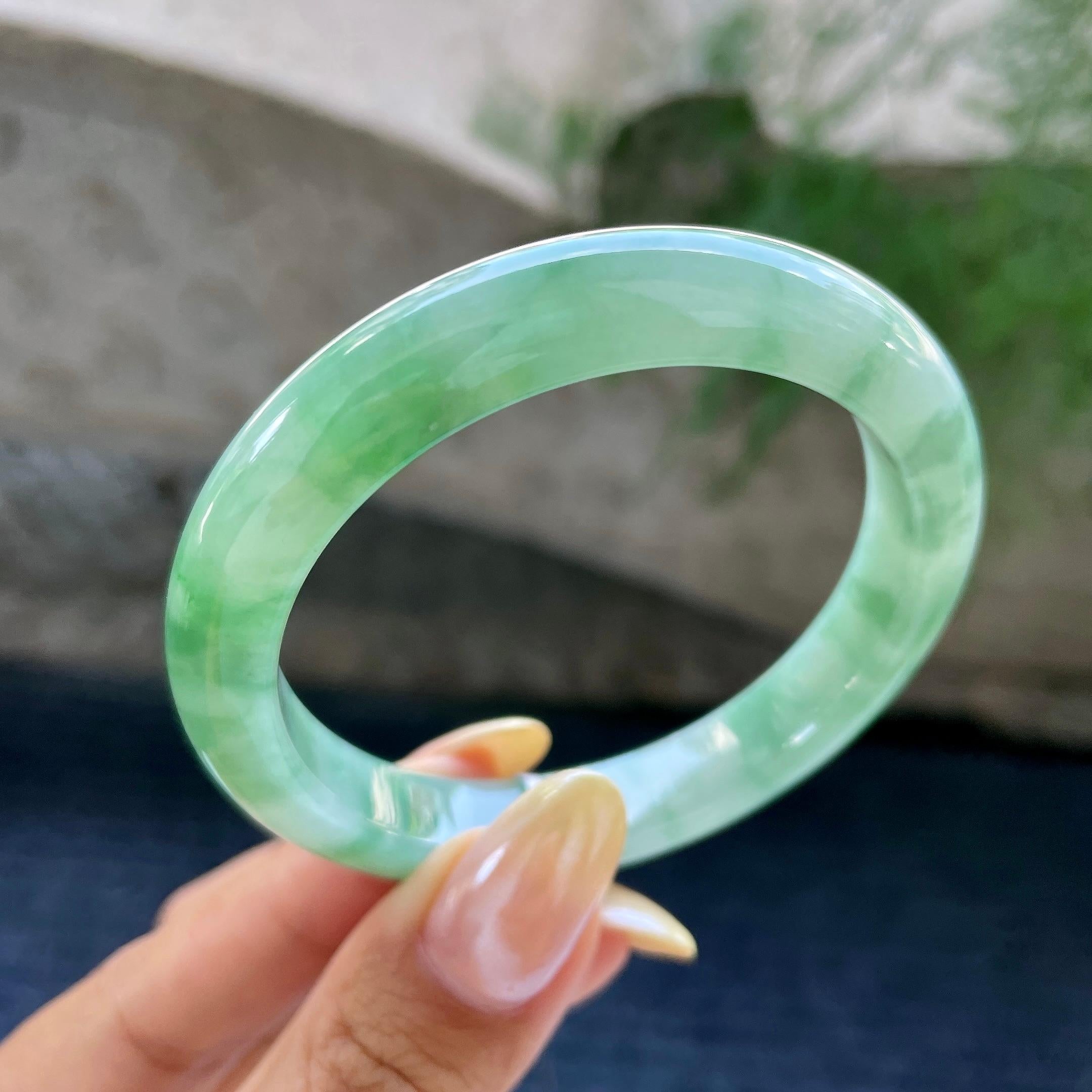 小圈口 细糯种飘花正圈平安镯53.9圈 天然缅甸A货翡翠（yc466821）