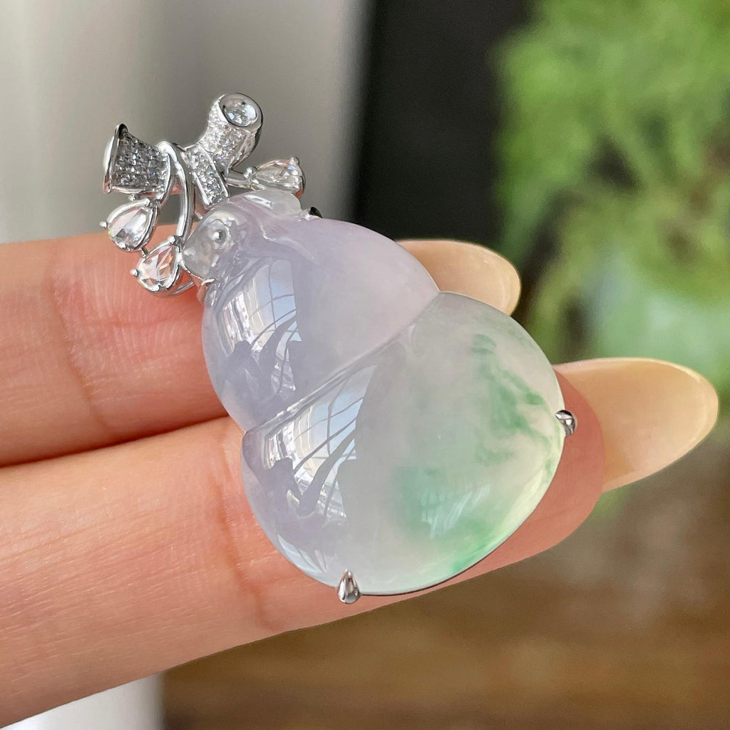 18k金镶糯冰种飘花葫芦吊坠         天然缅甸A货翡翠（yc454810）