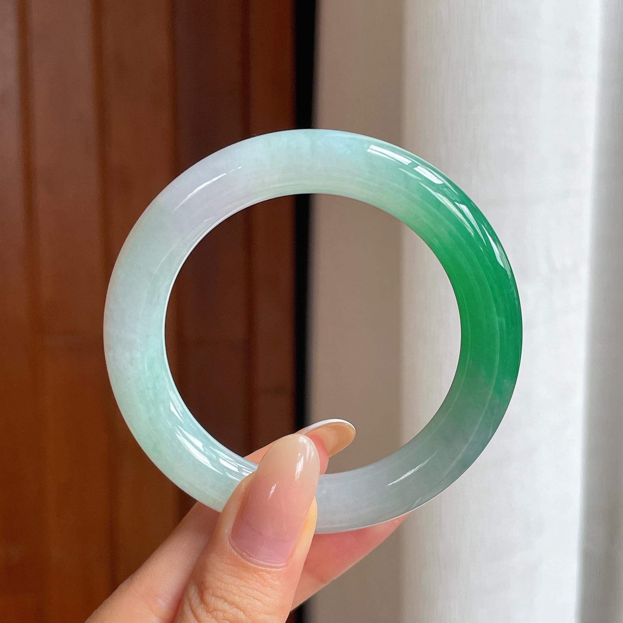 糯冰白底青翡翠圆条手镯（52.4mm)（yc419679）