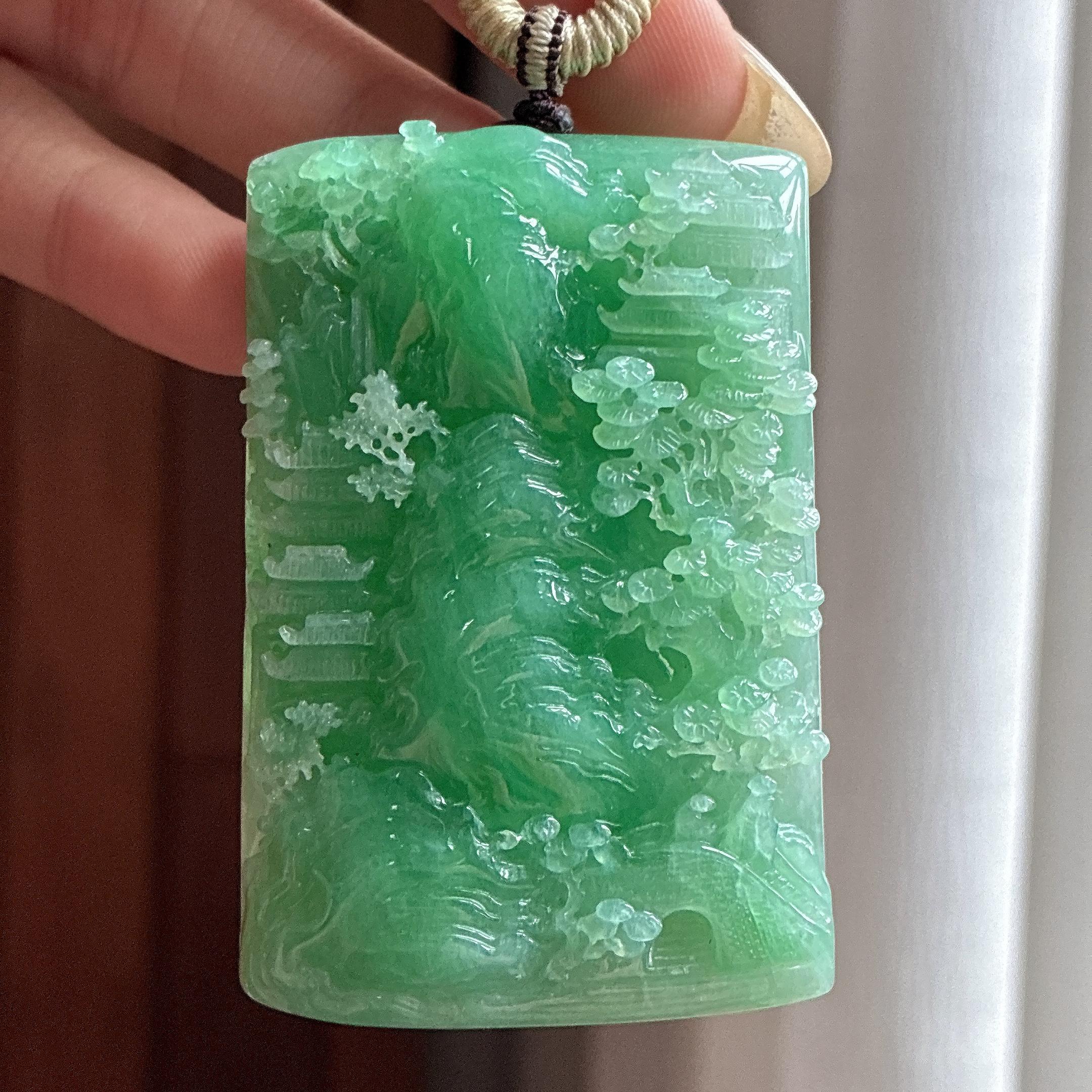 糯冰果绿山水牌挂件 天然缅甸A货翡翠（yc499252）