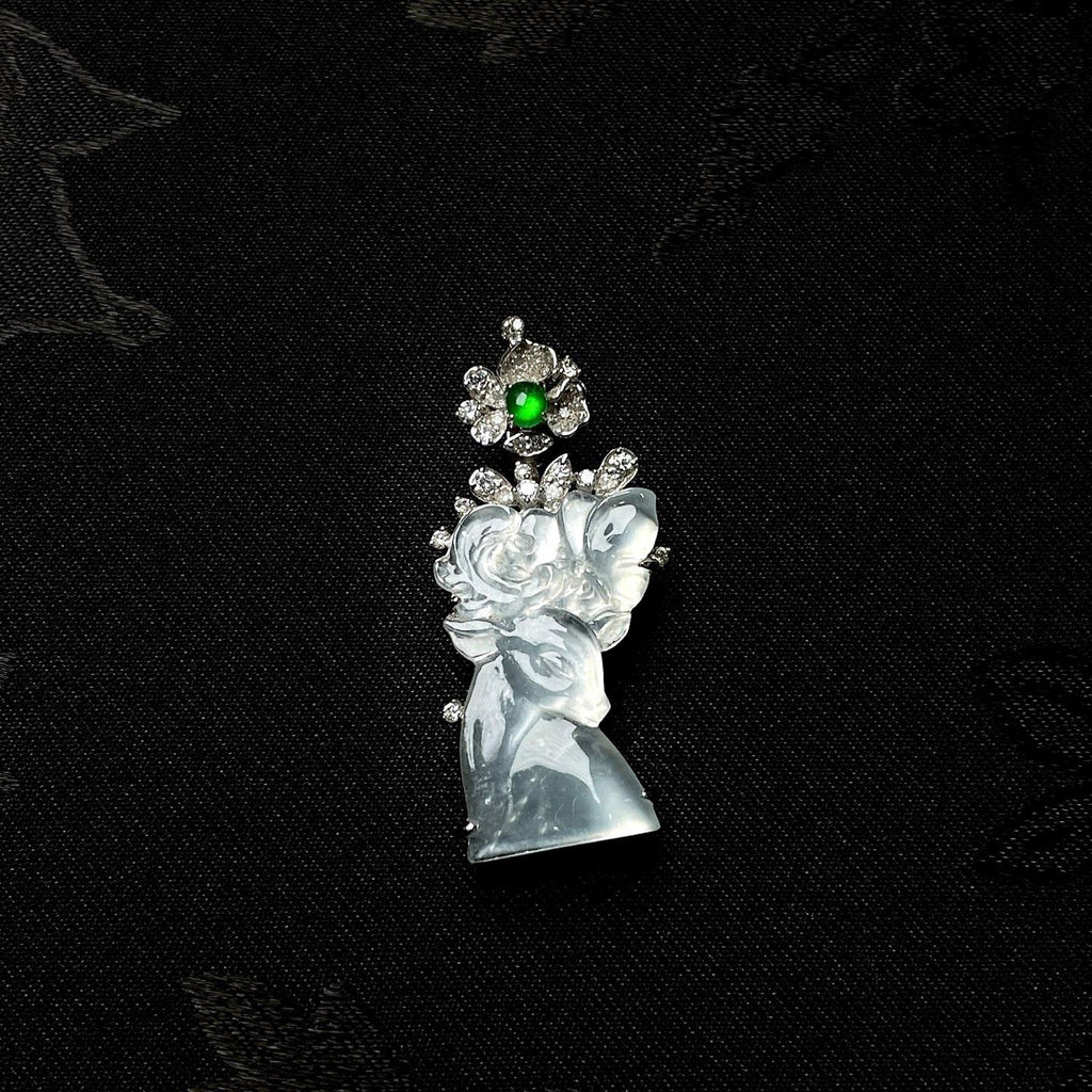 18k金镶玻璃种无色翡翠鹿吊坠（yc255713）