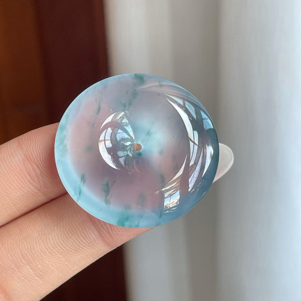 冰玻种飘蓝花翡翠平安扣（yc258419）