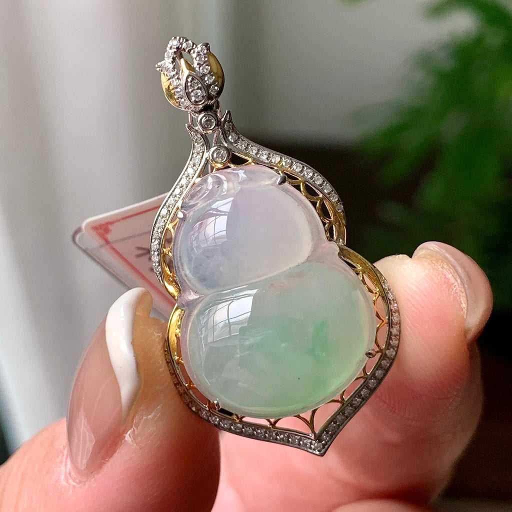 18K金钻镶糯冰种飘绿花葫芦吊坠 天然缅甸A货翡翠（yc367601）