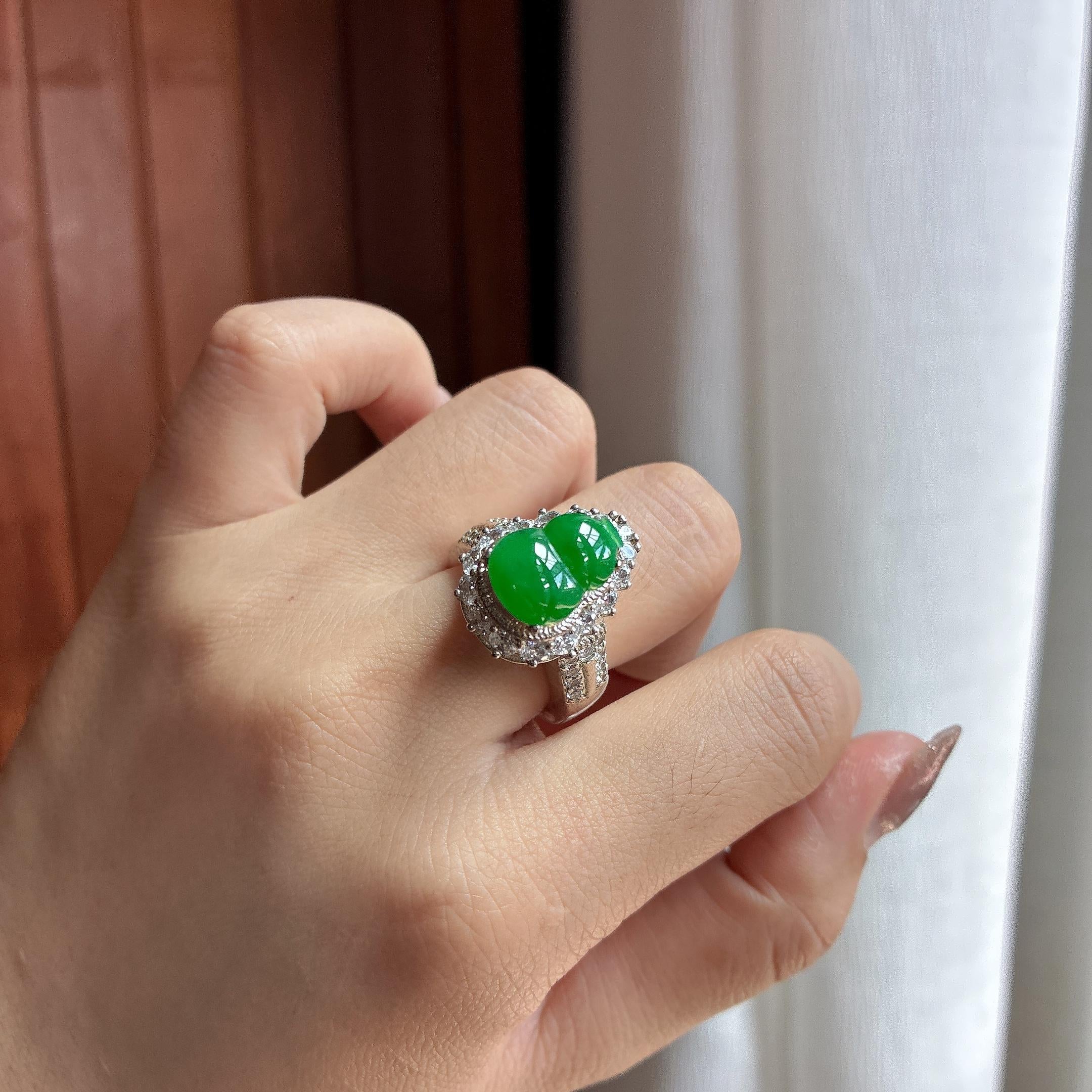 铜托冰种满绿葫芦戒面 天然缅甸A货翡翠（yc456022）