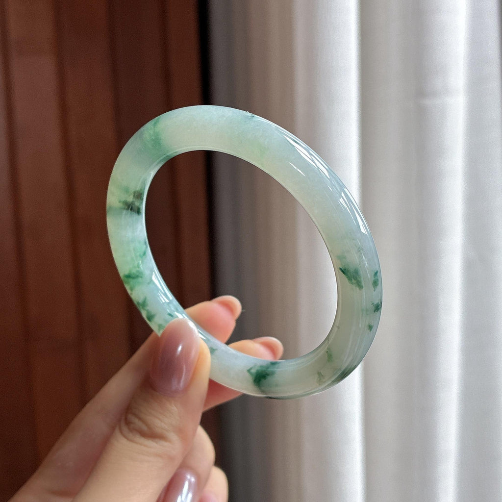 糯冰飘花圆条手镯 53圈 天然缅甸A货翡翠（yc497825）