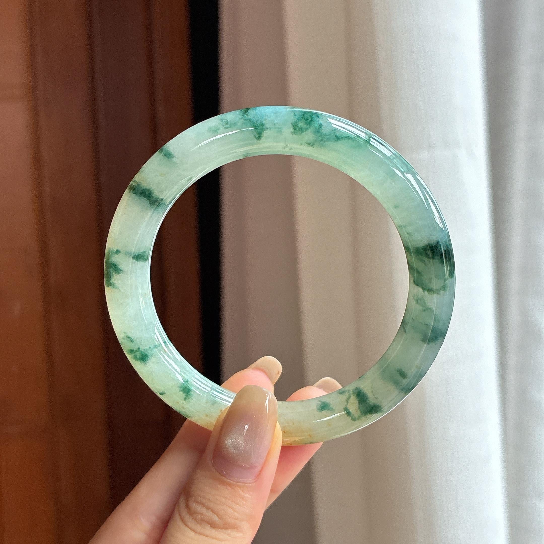 糯冰飘花特色圆条手镯 56圈 天然缅甸A货翡翠（yc453846）