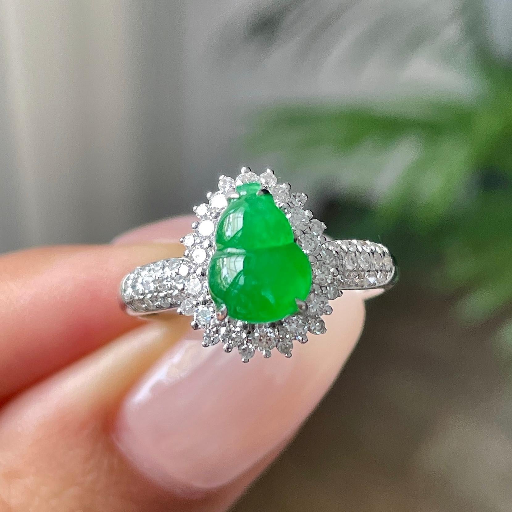 18k金钻镶冰种满绿葫芦戒指      天然缅甸A货翡翠（yc409688）