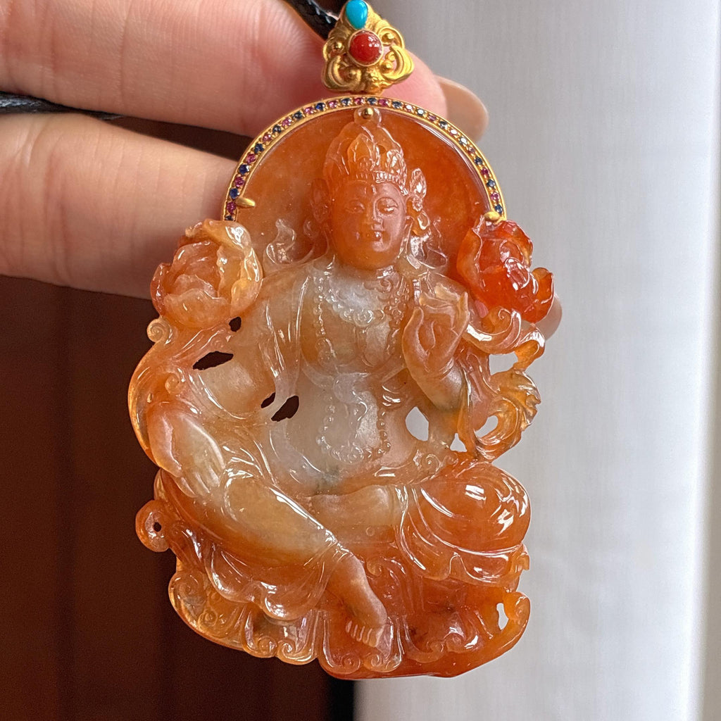 18k金镶糯冰红翡度母 天然缅甸A货翡翠（yc439631）