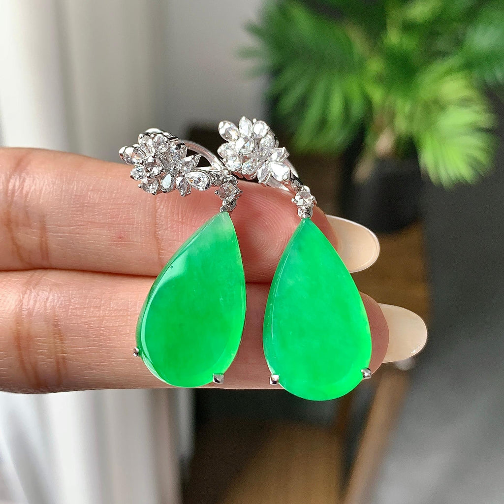 18k金钻镶糯冰种满绿水滴耳坠（yc253841）
