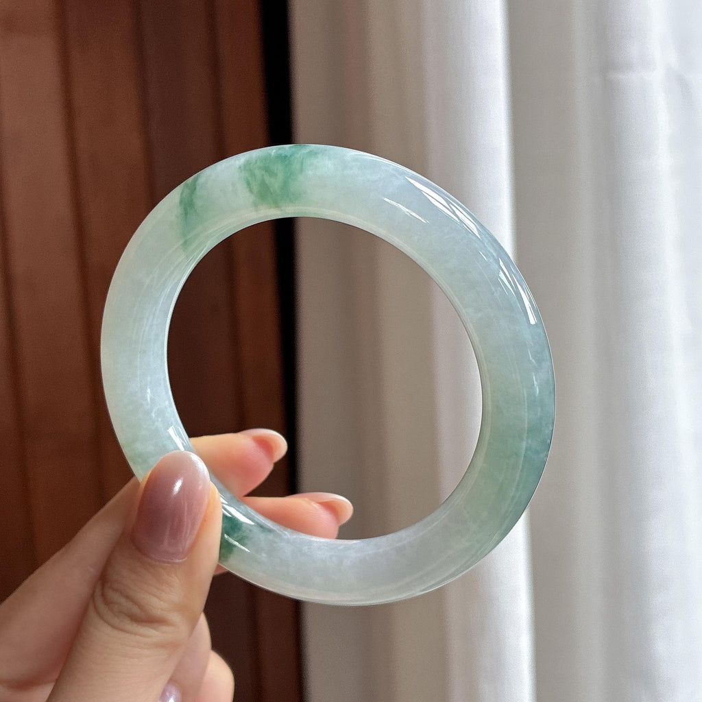 糯冰飘花圆条手镯 56圈 天然缅甸A货翡翠（yc525784）