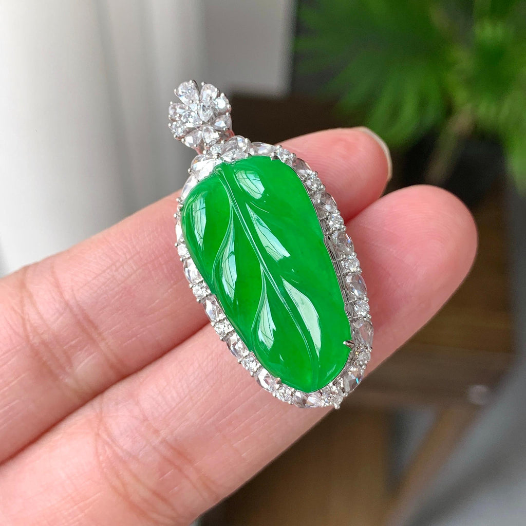 18K金钻镶糯冰种满绿叶子吊坠（yc248212）