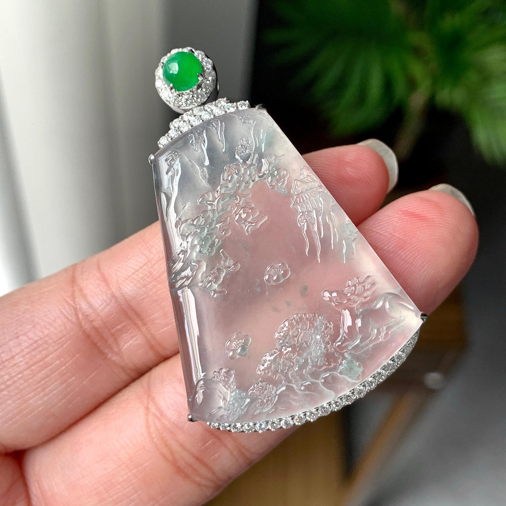 18K金钻镶冰种山水牌吊坠（yc255621）