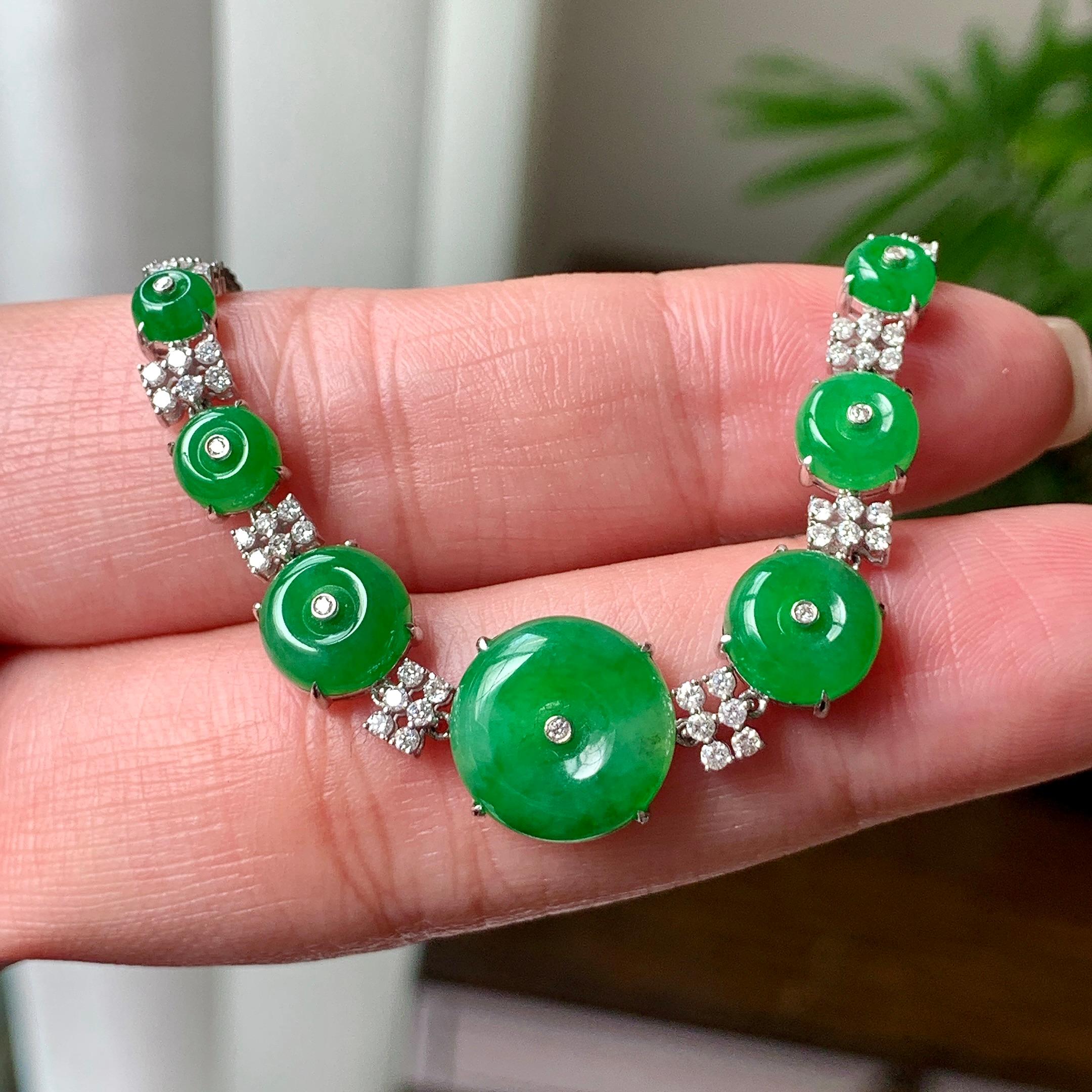 18K金钻镶糯冰种满绿平安扣手链  天然缅甸A货翡翠（yc362104）