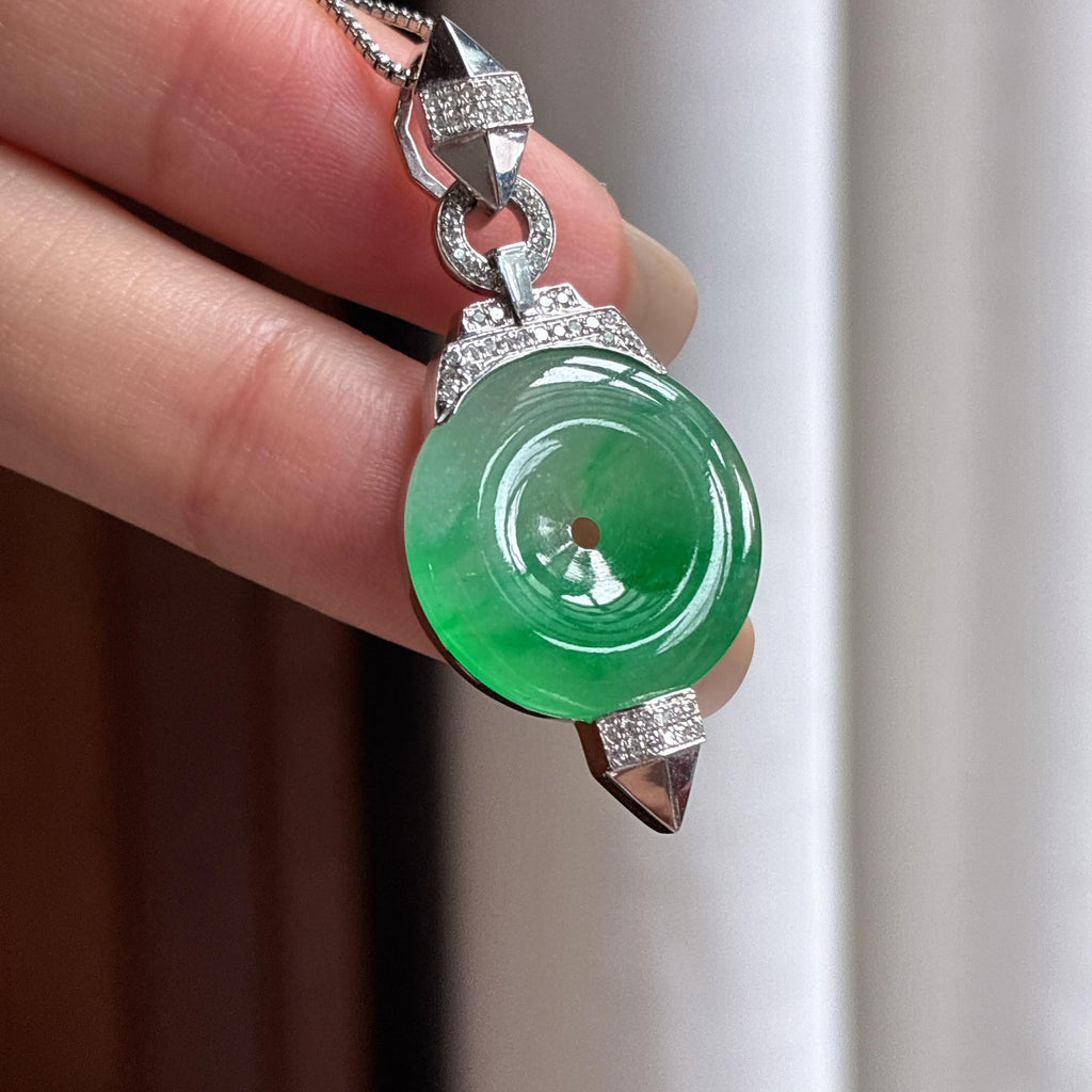 Mặt dây chuyền ngọc bích Myanmar tự nhiên loại A, khảm vàng 18k, màu xanh lục đầy đặn, bề mặt băng chủng (yc450416)