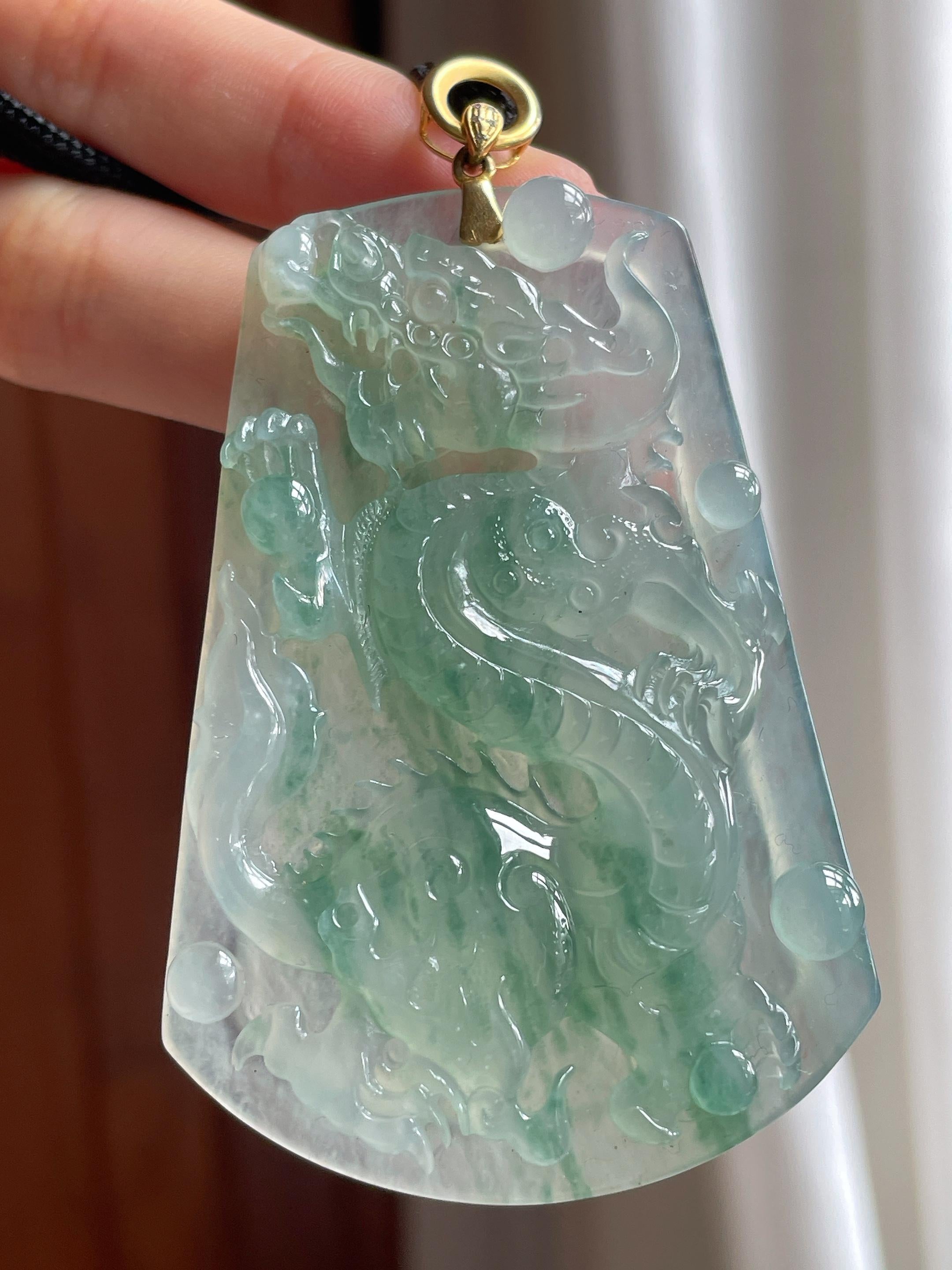 18K金扣头冰种飘花龙牌挂件 天然缅甸Ａ货翡翠（yc495321）