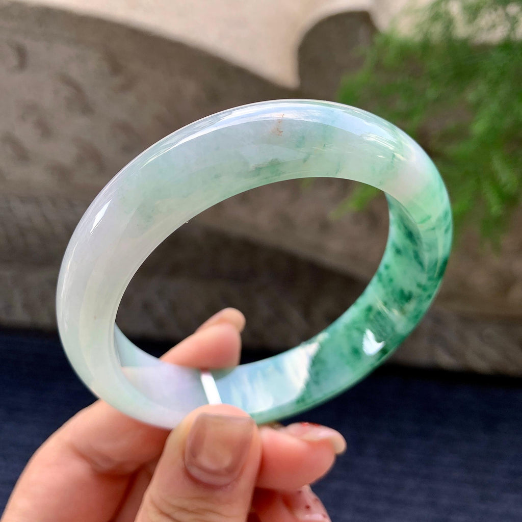 细糯种飘绿花正圈平安镯 56.8圈口 天然缅甸A货翡翠（yc352943）