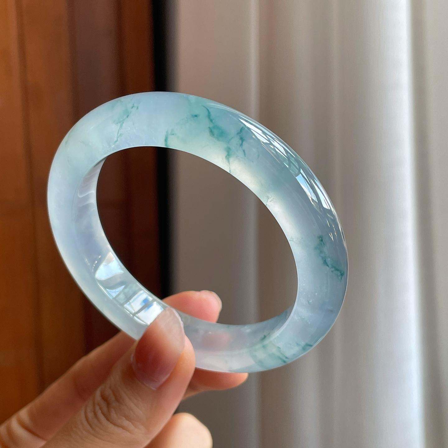 冰玻种飘花翡翠平安镯（56.5mm）（yc312887）