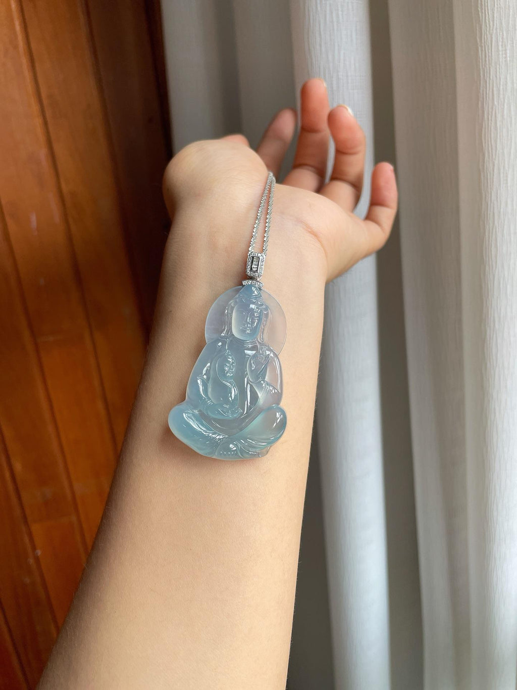 18k扣冰种蓝底翡翠送子观音（yc247186）