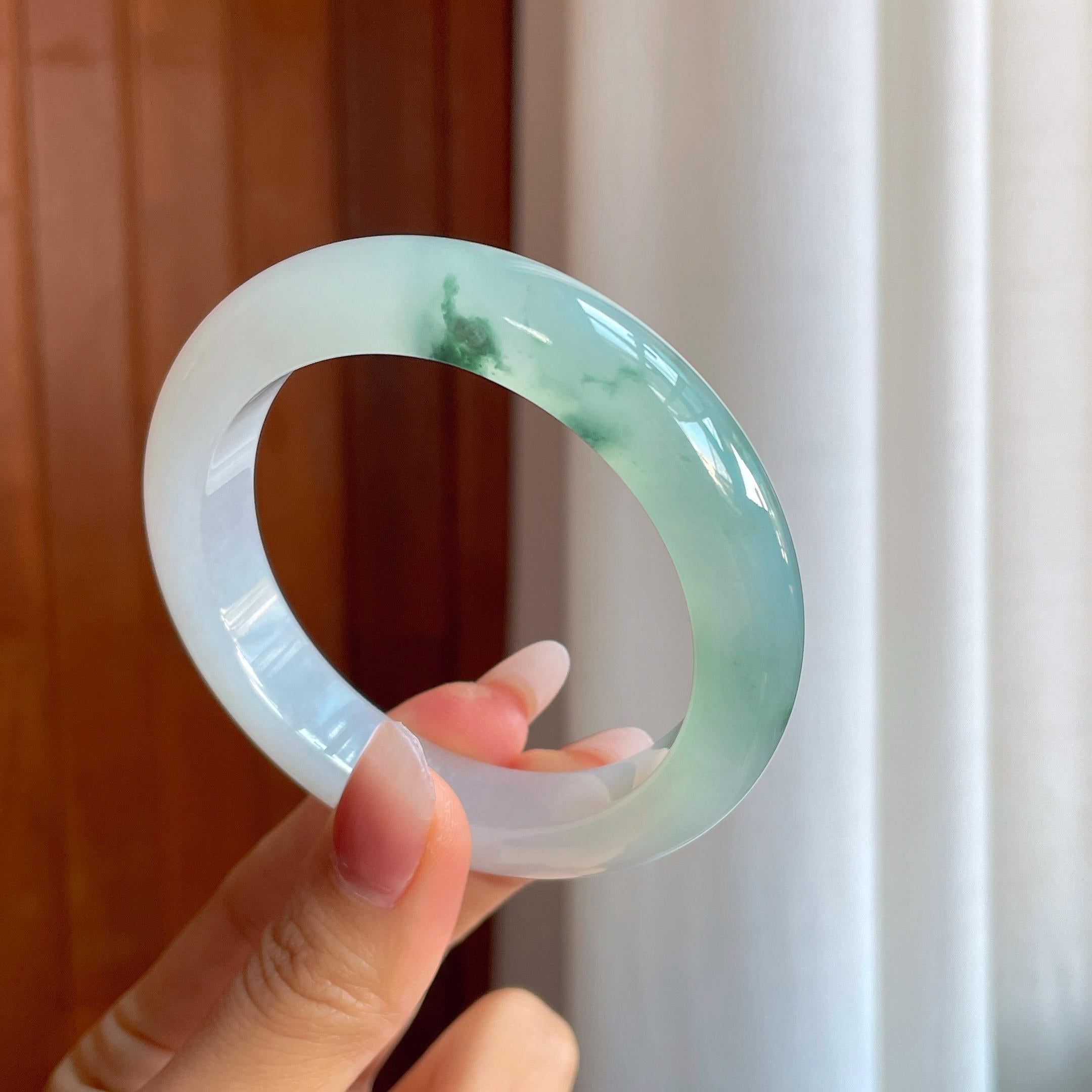 冰种飘蓝花翡翠平安镯（56mm）（yc312078）