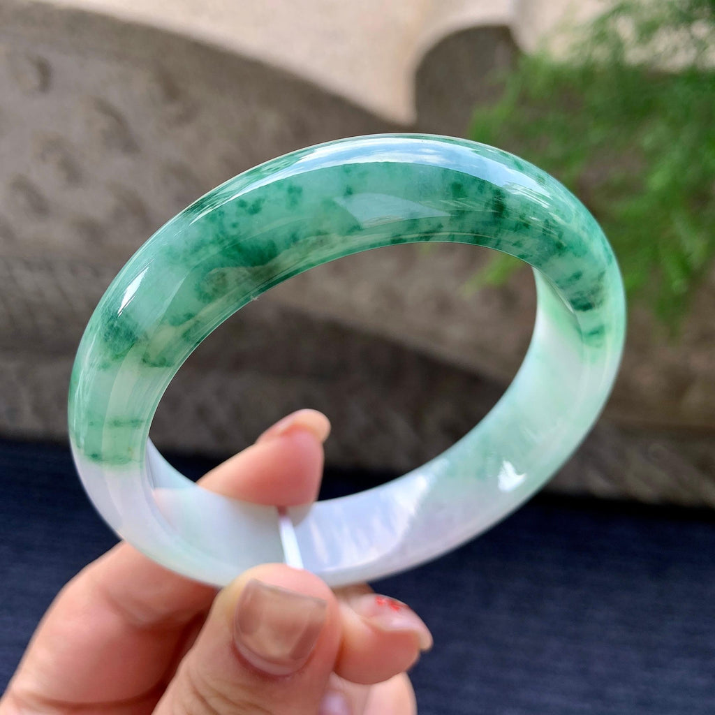 细糯种飘绿花正圈平安镯 56.8圈口 天然缅甸A货翡翠（yc352943）