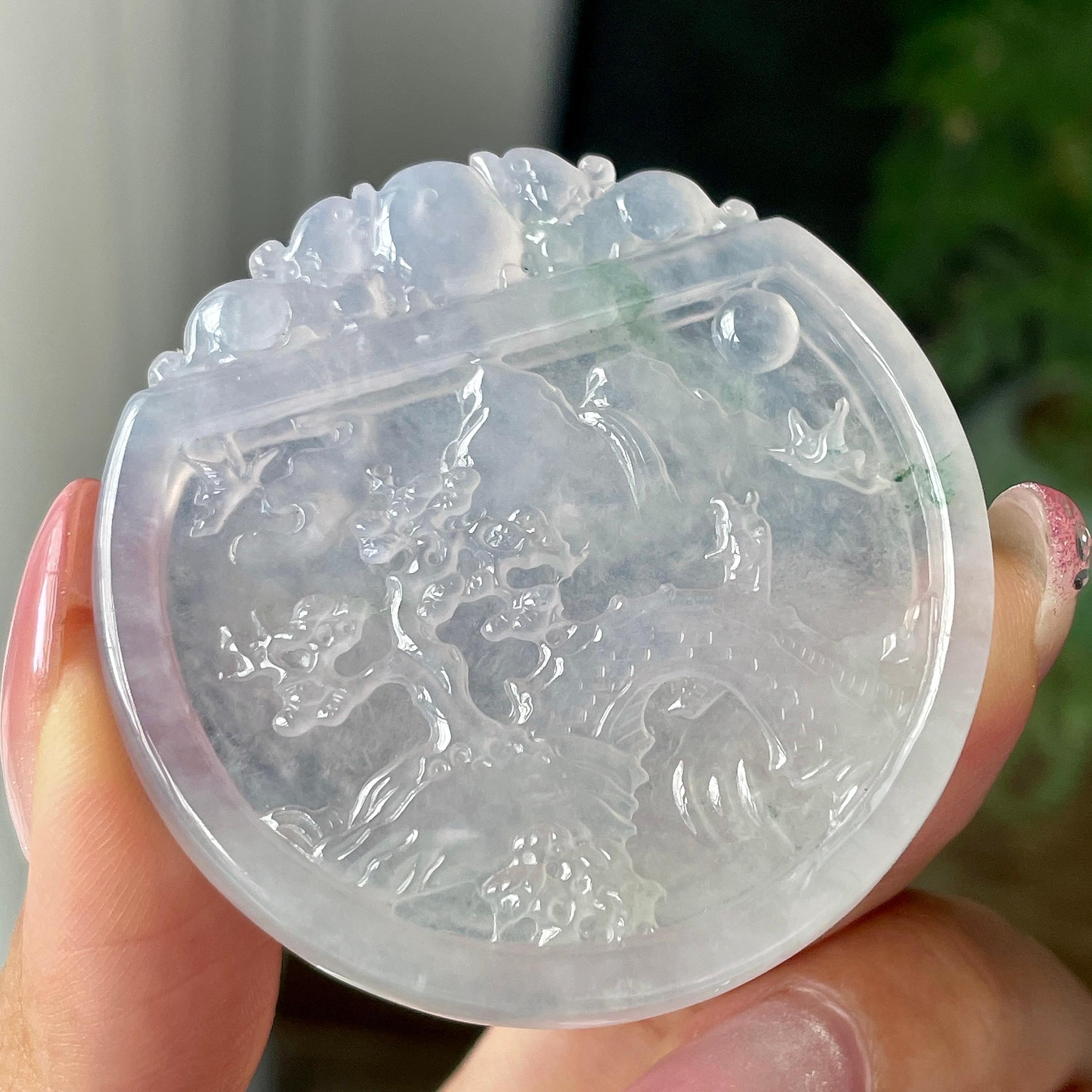 糯冰种飘花山水圆牌挂件        天然缅甸A货翡翠（yc427817）
