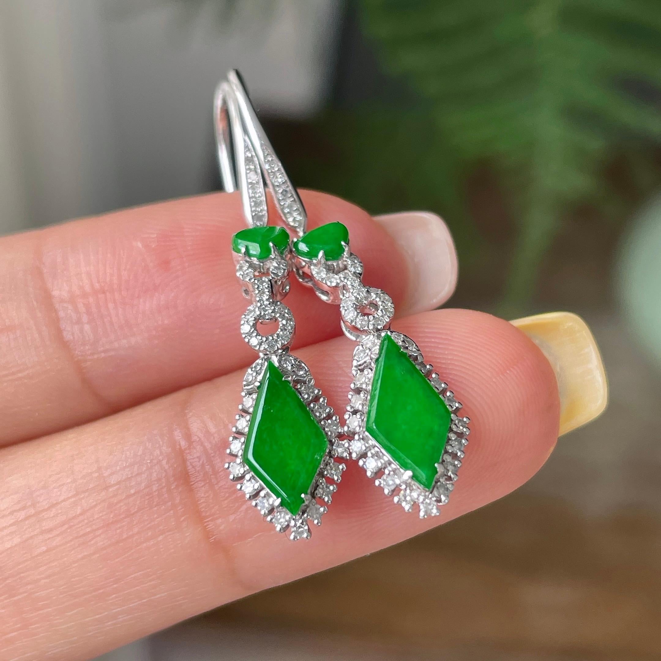 18k金钻镶细糯种满绿菱形耳坠    天然缅甸A货翡翠（yc362131）